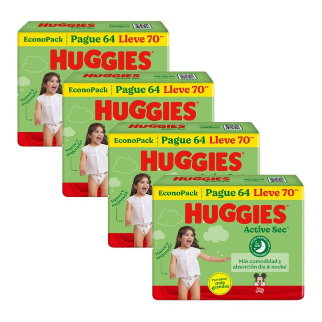 PACK DE 4 PAÑALES HUGGIES ACTIVE SEC BIGPACK TALLA XXXL X70