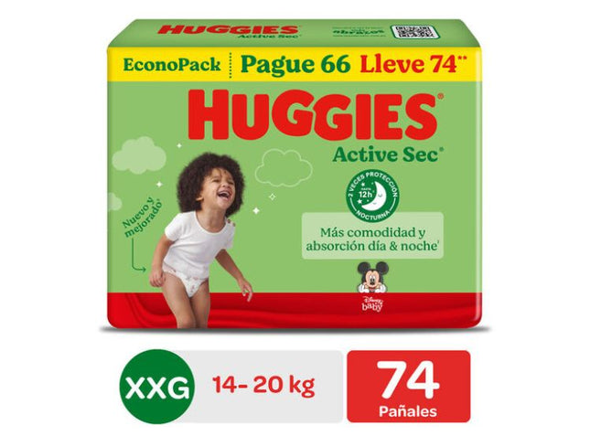 Pañal Huggies Active Sec Bigpack Talla Xxg 74 Unid