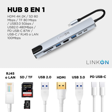 Hub Adaptador Usb Tipo C 8 En 1 Linkon Para Mac Macbook Windows