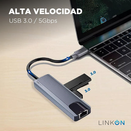 Hub USB-C 5 en 1 LinkOn con RJ45 100 Mbps, HDMI 4K, USB 3.0 y carga rápida PD 87 W
