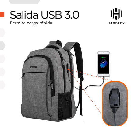 Mochila Laptop Phantom 25 L Impermeable con USB 3.0 y 7 Bolsillos Organizadores Gris