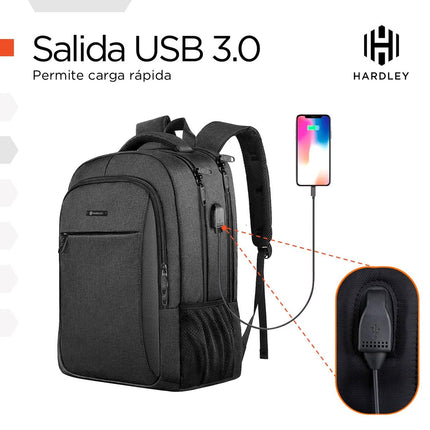 Mochila Laptop Phantom 25 L Impermeable con USB 3.0 y 7 Bolsillos Organizadores Negro