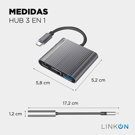 Hub USB-C 3 en 1 LinkOn – HDMI 4K@30 Hz, Carga PD 55 W y USB 3.0 5 Gbps