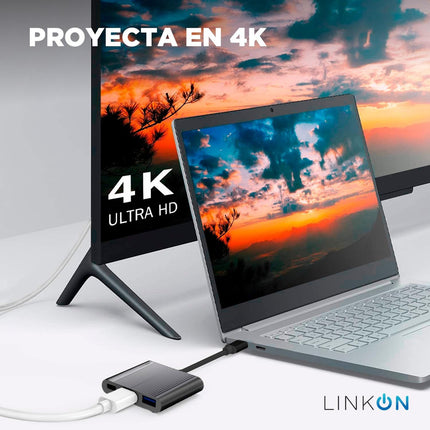 Hub USB-C 3 en 1 LinkOn – HDMI 4K@30 Hz, Carga PD 55 W y USB 3.0 5 Gbps