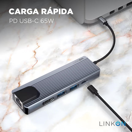 Hub USB-C 5 en 1 LinkOn con RJ45 100 Mbps, HDMI 4K, USB 3.0 y carga rápida PD 87 W
