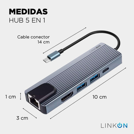 Hub USB-C 5 en 1 LinkOn con RJ45 100 Mbps, HDMI 4K, USB 3.0 y carga rápida PD 87 W