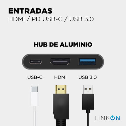 Hub USB-C 3 en 1 LinkOn – HDMI 4K@30 Hz, Carga PD 55 W y USB 3.0 5 Gbps