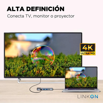 Hub USB-C 5 en 1 LinkOn con RJ45 100 Mbps, HDMI 4K, USB 3.0 y carga rápida PD 87 W