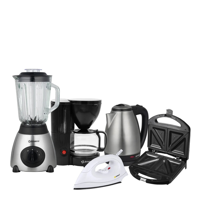 Pentacombo Imaco: Licuadora 1.5L+Sandwichera+Hervidor 1.8L+Cafetera+Plancha