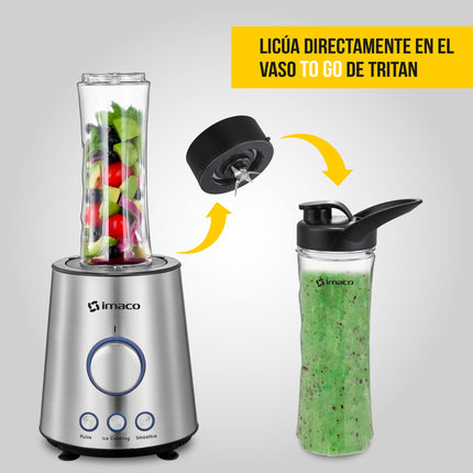 Licuadora Imaco BLS860 – 1000 W, 1.5 Litros, 3 Funciones Preprogramadas, Vaso de Vidrio y Vaso To-Go