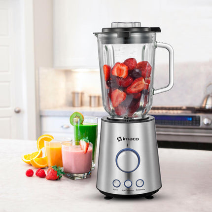 Licuadora Imaco BLS860 – 1000 W, 1.5 Litros, 3 Funciones Preprogramadas, Vaso de Vidrio y Vaso To-Go