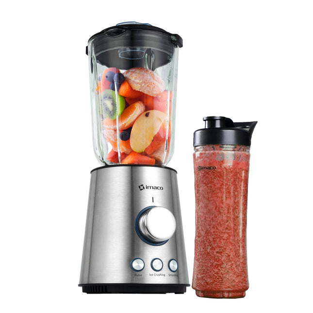 Licuadora Imaco BLS860 – 1000 W, 1.5 Litros, 3 Funciones Preprogramadas, Vaso de Vidrio y Vaso To-Go