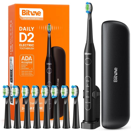 Cepillo de Dientes Eléctrico Bitvae con 8 Cabezales, Estuche y Soporte Negro
