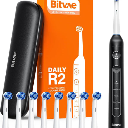 Cepillo de Dientes Eléctrico Rotativo Bitvae R2 con Sensor de Presión y 8 Cabezales Negro