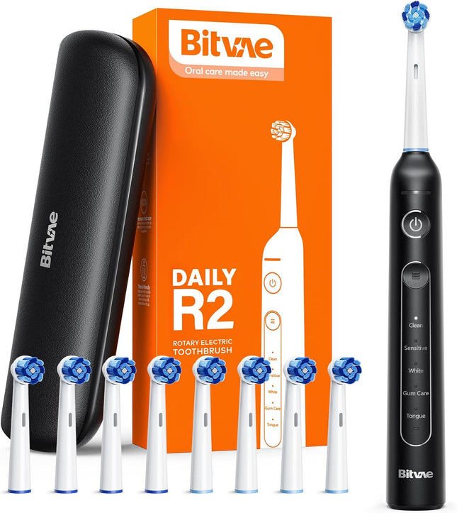 Cepillo de Dientes Eléctrico Rotativo Bitvae R2 con Sensor de Presión y 8 Cabezales Negro