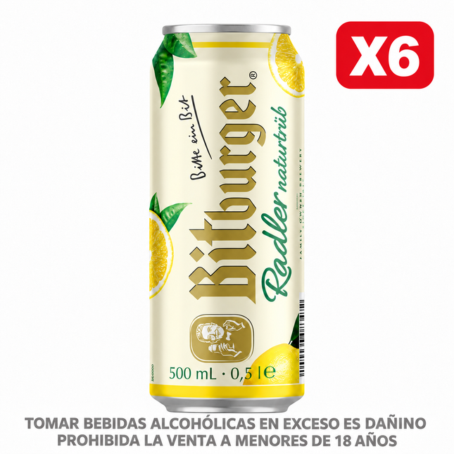 Six Pack Cerveza Bitburger Radler Limón Naturtrüb en lata de 500 ml