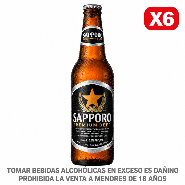 Six Pack Cerveza Sapporo Premium Lager 355 ml