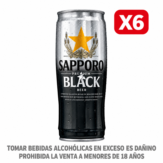 Six Pack Cerveza Sapporo Premium Black Lata 650 ml.