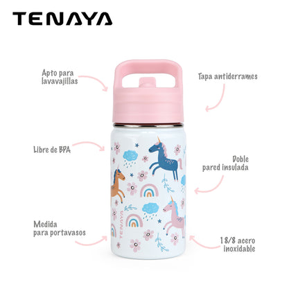 Botella Infantil Tenaya Dakota 360 ml – Acero Inoxidable, Tapa Antiderrames y Cañita BPA Free