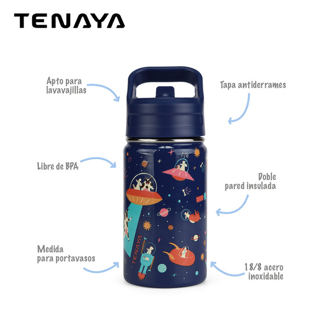 Botella Infantil Tenaya Dakota 360 ml – Acero Inoxidable, Tapa Antiderrames y Cañita BPA Free