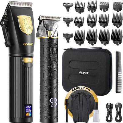 Kit de Barbería Profesional Glaker Cortadora + Trimmer de Precisión con 15 Peines