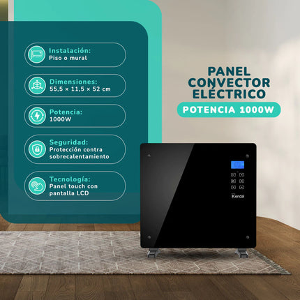 Panel Convector Eléctrico Vidrio KENDAL 1000W Control Digital Calefacción