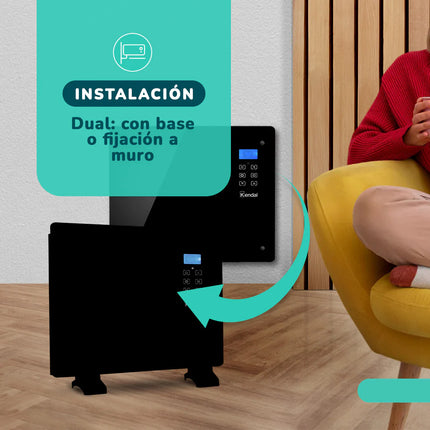 Panel Convector Eléctrico Vidrio KENDAL 1000W Control Digital Calefacción