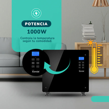 Panel Convector Eléctrico Vidrio KENDAL 1000W Control Digital Calefacción