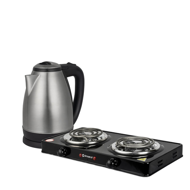 Combo Cocina Eléctrica 2 Hornillas + Hervidor Metálico 1.8L KE1801 Imaco