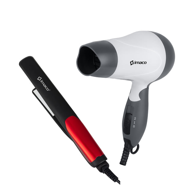 Combo Plancha de Cabello con Placa Cerámica 200°C HS2198 + Secadora de Cabello Portátil 1000W HD1000 Imaco