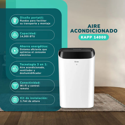 Aire Acondicionado Portátil y Deshumidificador 14000 BTU + Ventilador 4 En 1 Kendal de REGALO
