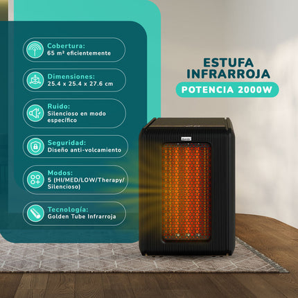 Estufa Infrarroja Kendal KEI-GOLDEN01 , 2000W, WIFI, 5 Modos de Calor, Negro – Para Ambientes hasta 65 m²
