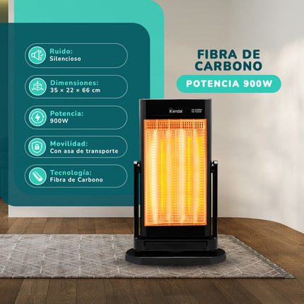 Estufa Eléctrica Fibra de Carbono Negra KENDAL Potencia 900W Calefacción Rápida Oscilante