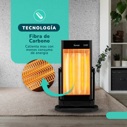 Estufa Eléctrica Fibra de Carbono Negra KENDAL Potencia 900W Calefacción Rápida Oscilante