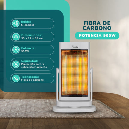 Estufa Eléctrica Fibra de Carbono Blanca KENDAL Potencia 900W Calefacción Rápida Oscilante
