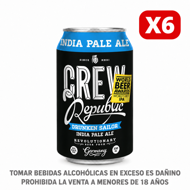 Six Pack Cerveza Crew Republic Drunken Sailor IPA en lata de 330 ml.