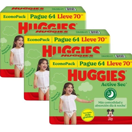 PACK DE 3 PAÑALES HUGGIES ACTIVE SEC BIGPACK TALLA XXXL X70