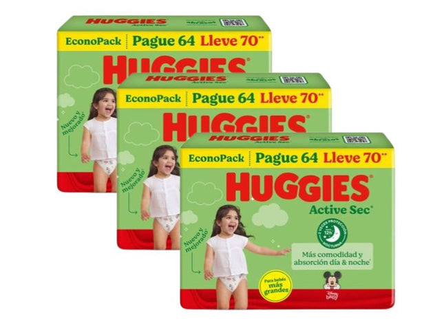 PACK DE 3 PAÑALES HUGGIES ACTIVE SEC BIGPACK TALLA XXXL X70
