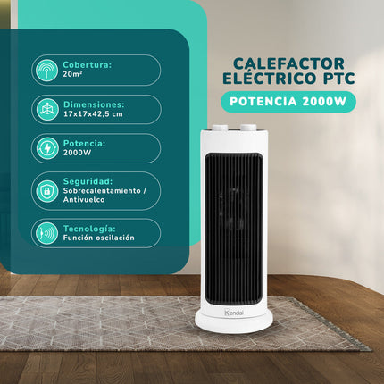Calefactor Eléctrico PTC KENDAL Potencia 2000w Cobertura 20 m2