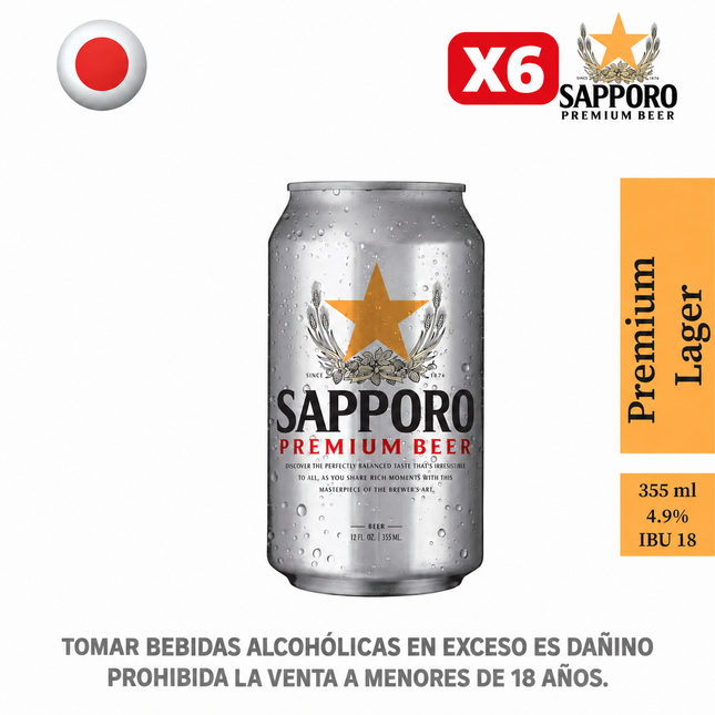 Six Pack Cerveza Sapporo Premium Lager Lata 355 ml.