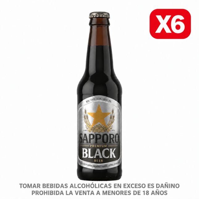 Six Pack Cerveza Sapporo Premium Black Botella 355 ml.