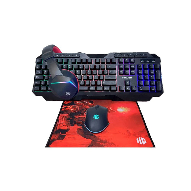 Kit gamer 4 en 1 Halion teclado + mouse + audífonos + mouse pad