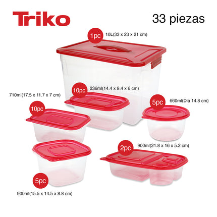Set x33 Contenedores Plástico TRIKO – Herméticos, BPA Free, Apilables y Aptos Microondas y Lavavajillas