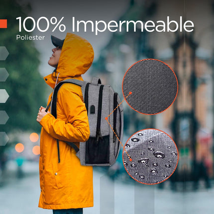 Mochila Laptop Phantom 25 L Impermeable con USB 3.0 y 7 Bolsillos Organizadores Gris