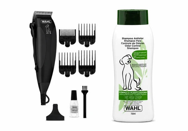Combo Wahl Cortadora Pet Clipper Kit 9 Piezas 09653-718 + Shampoo Fórmula Anti Color
