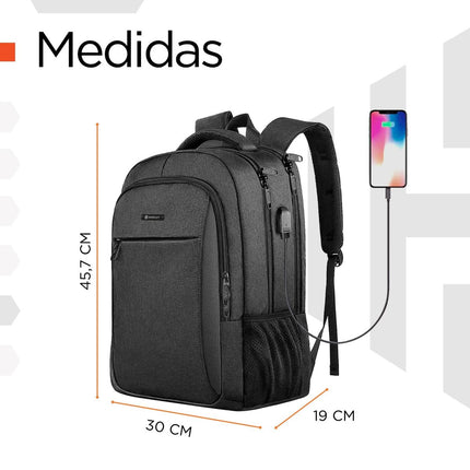 Mochila Laptop Phantom 25 L Impermeable con USB 3.0 y 7 Bolsillos Organizadores Negro