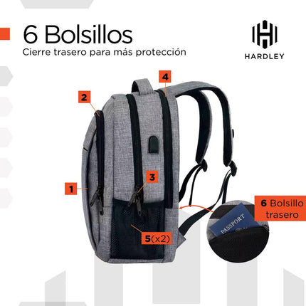 Mochila Laptop Phantom 25 L Impermeable con USB 3.0 y 7 Bolsillos Organizadores Gris