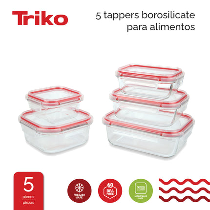 Set x5 Recipientes TRIKO Vidrio Borosilicato – Herméticos, BPA Free y Apto Microondas