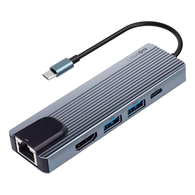 Hub USB-C 5 en 1 LinkOn con RJ45 100 Mbps, HDMI 4K, USB 3.0 y carga rápida PD 87 W