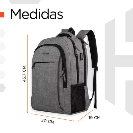 Mochila Laptop Phantom 25 L Impermeable con USB 3.0 y 7 Bolsillos Organizadores Gris